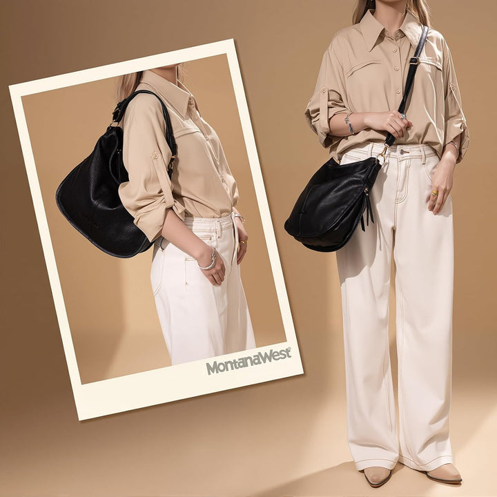 Wrangler by Montana West Ledertasche, Hobo-Schultertasche für Damen, grosser Tragegriff Schwarz, Sch