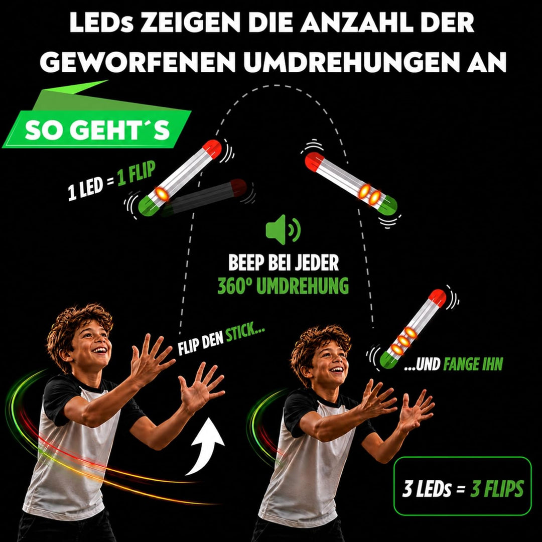 Stickflip - Werfen, Fangen, Hochleveln | 10 Spiele mit LEDs und Sound, Solo und Multiplayer, elektro