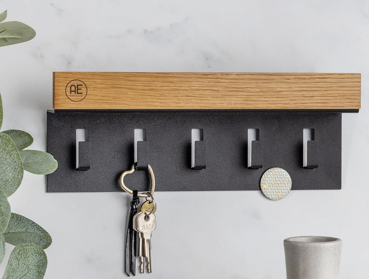 AE GÜNTHER® Schlüsselbrett Holz - Schlüsselhalter Schwarz Stahl - Schlüsselboard Eiche - Schlüssel o