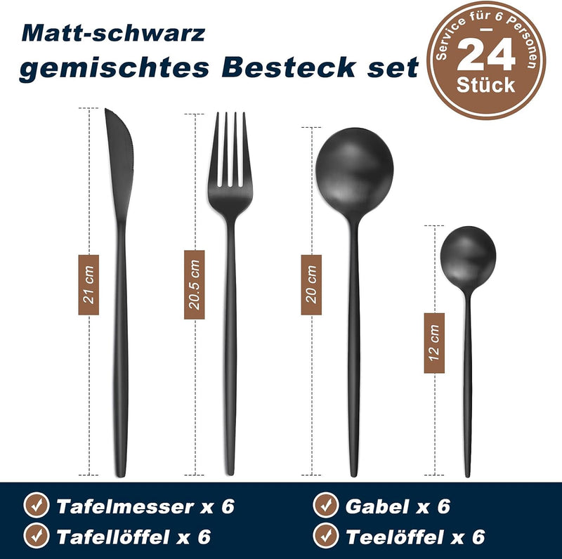 Bestdin Besteck Set 6 Personen, 24 teilig Edelstahl Besteckset Schwarz Matt, Essbesteck Set mit Mess