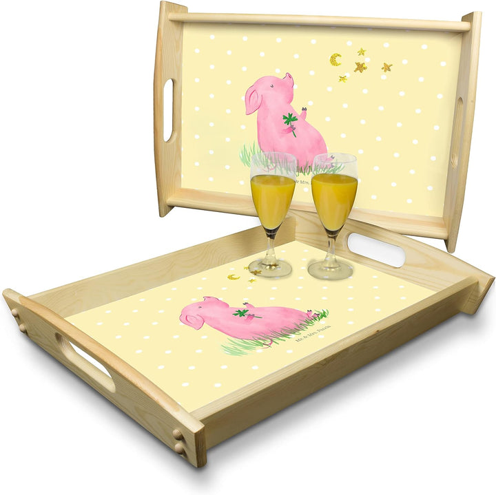 Mr. & Mrs. Panda Holztablett Schwein Glück - Geschenk, Gute Laune, Tiere, Küchentablett, Serviertabl