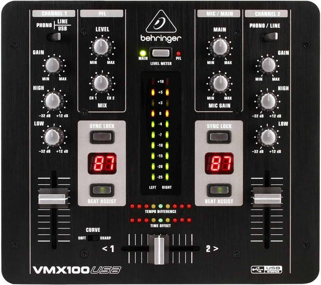 Behringer PRO MIXER VMX100USB Professioneller 2-Kanal-DJ-Mixer mit USB/Audio-Interface, BPM-Zähler u