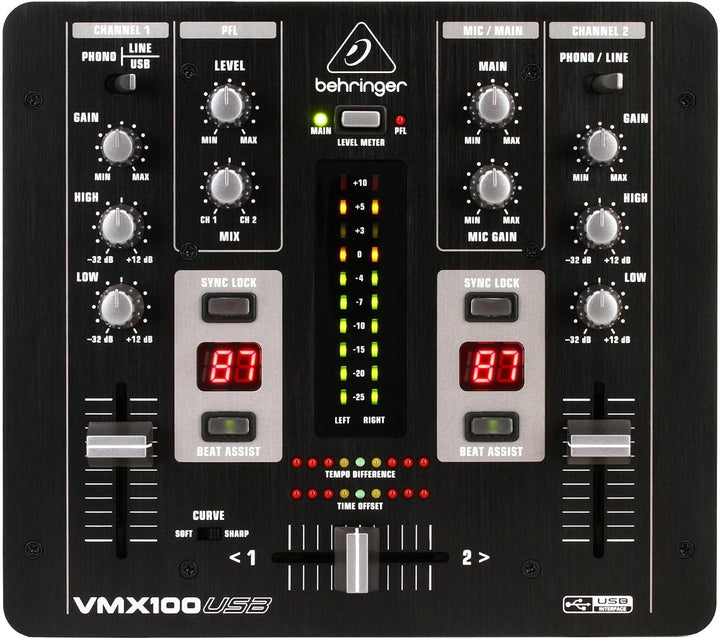 Behringer PRO MIXER VMX100USB Professioneller 2-Kanal-DJ-Mixer mit USB/Audio-Interface, BPM-Zähler u