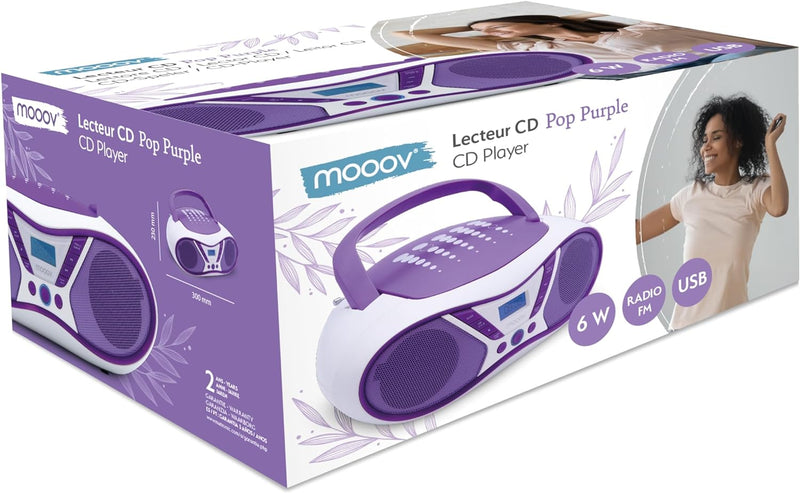 MOOOV Pop Purple, tragbarer CD-Player, Wiedergabe von CD-R/CD-RW/CD-MP3, UKW-Radio, USB-Port, Stereo