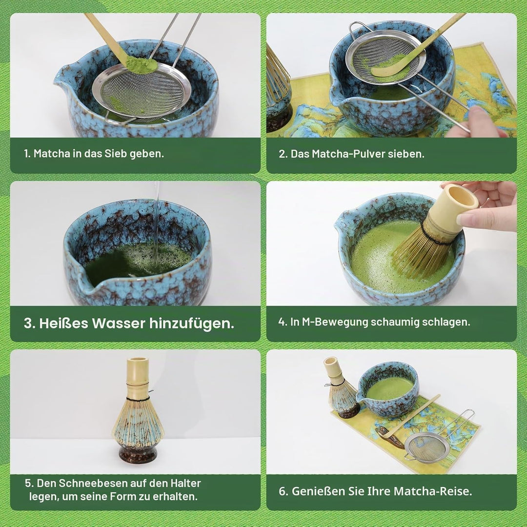 SURFOU Matcha Set 7 Stück, Matcha Schale mit Ausgiesser, Bambus-Schneebesen, Schaufel, Besenständer,