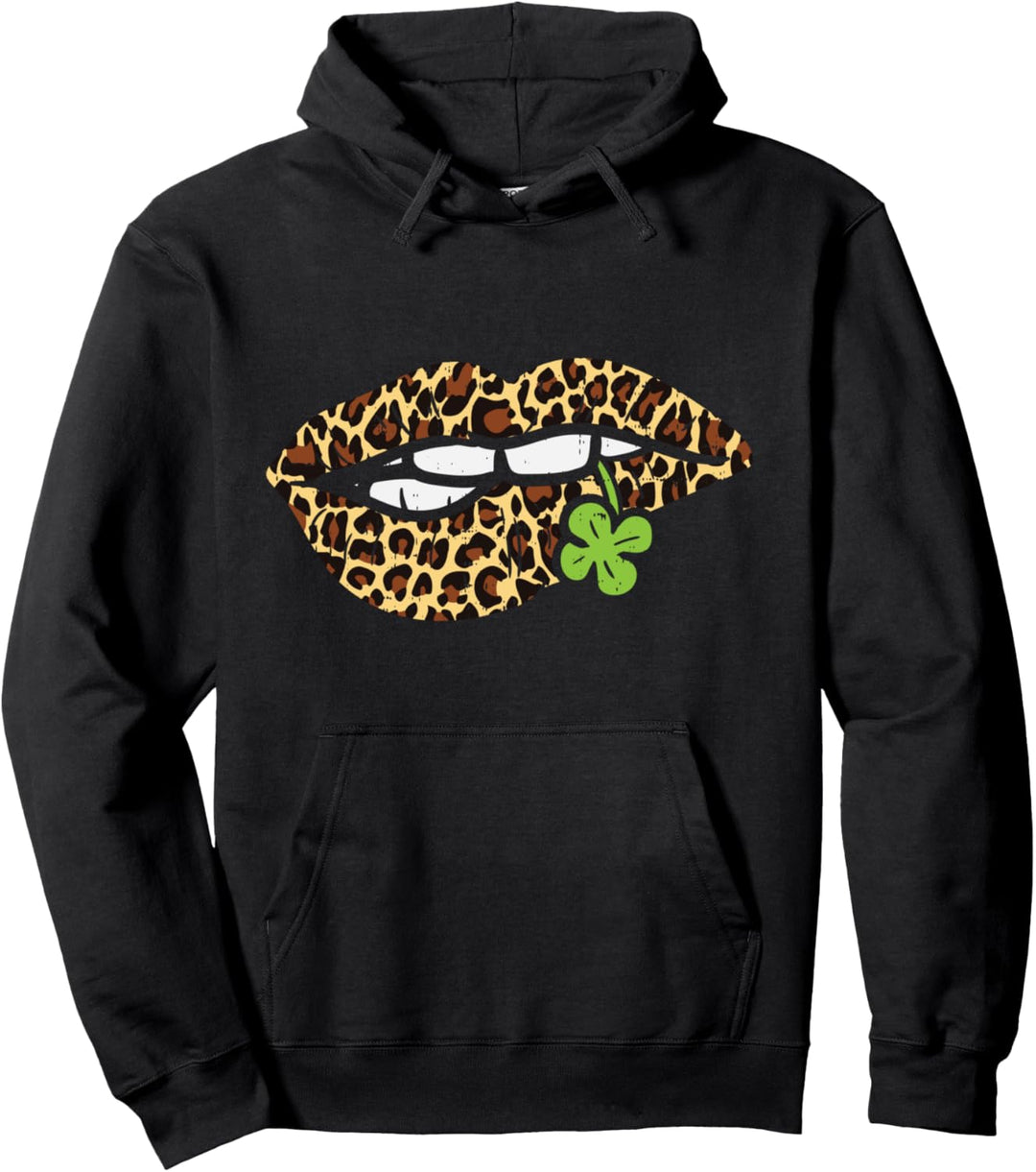 Leopard Print Lip Bite Shamrock Clover St Patricks Day Gift Pullover Hoodie