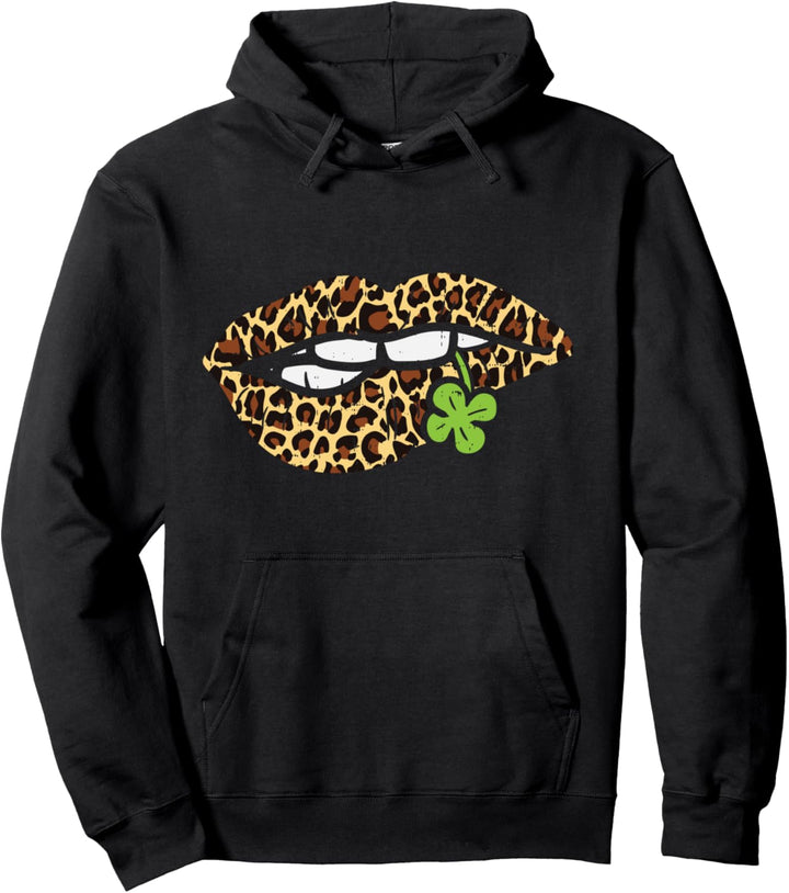 Leopard Print Lip Bite Shamrock Clover St Patricks Day Gift Pullover Hoodie