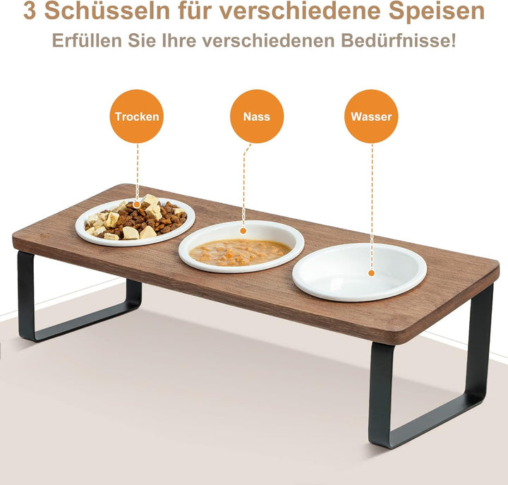 GUUSII HOME Katzennapf Erhöht Futternapf Katze Futterstation, Keramik Napf, Fressnapf 3er Set Holz,