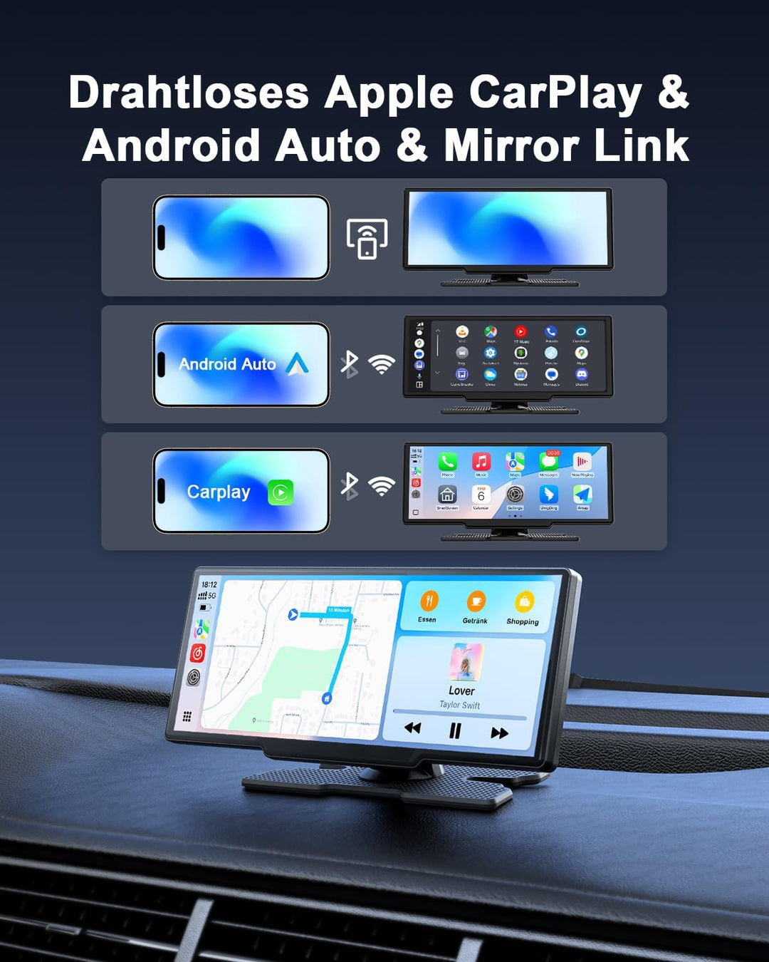 Avylet 8,1 Zoll Wireless Carplay Display für Android Auto&Apple Carplay, Tragbares IPS Touch Bildsch