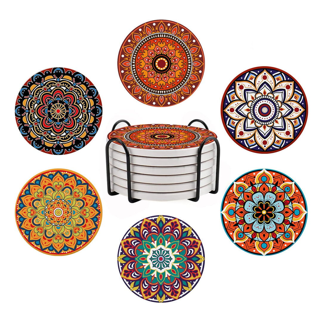 Boho Mandala Keramik Untersetzer, 6er Set Getränkeuntersetzer mit Metallhalter, saugfähige runde rut