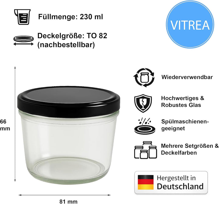 Vitrea 50x Marmeladengläser 230 ml - mit Deckel Schwarz TO 82 - Einmachgläser zum befüllen mit Schra
