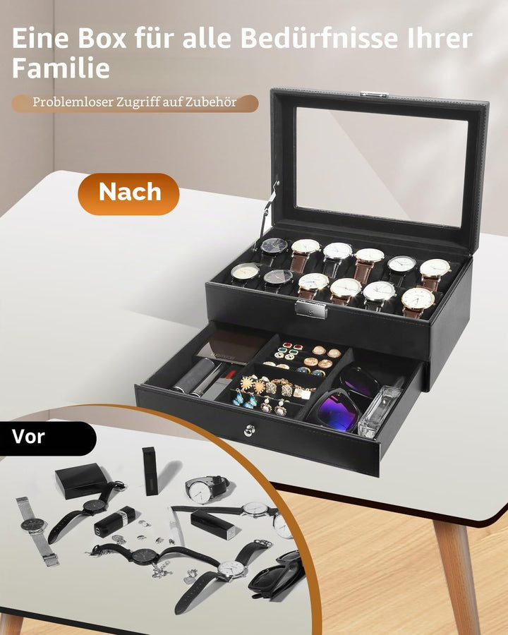 Uten Uhrenbox, 12 Fächern und 1 Schublade mit Schlüsselschloss, Glasdeckel, Schwarzes PU, Schwarzes