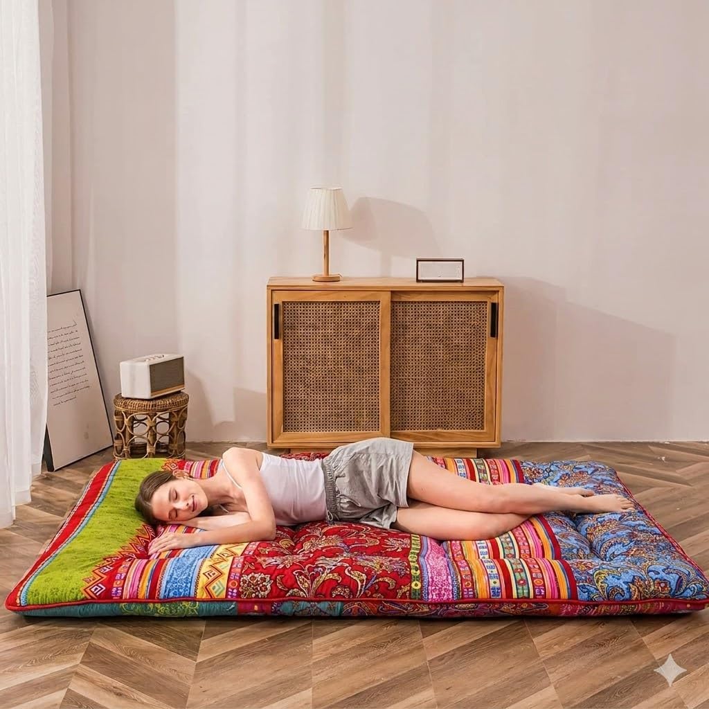 MAXYOYO Böhmische Retro-Bodenmatratze, Vintage-Blumenmuster, japanische Futon-Matratze, aufrollbar,