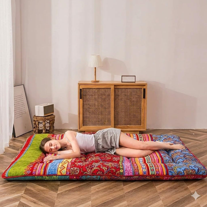MAXYOYO Böhmische Retro-Bodenmatratze, Vintage-Blumenmuster, japanische Futon-Matratze, aufrollbar,