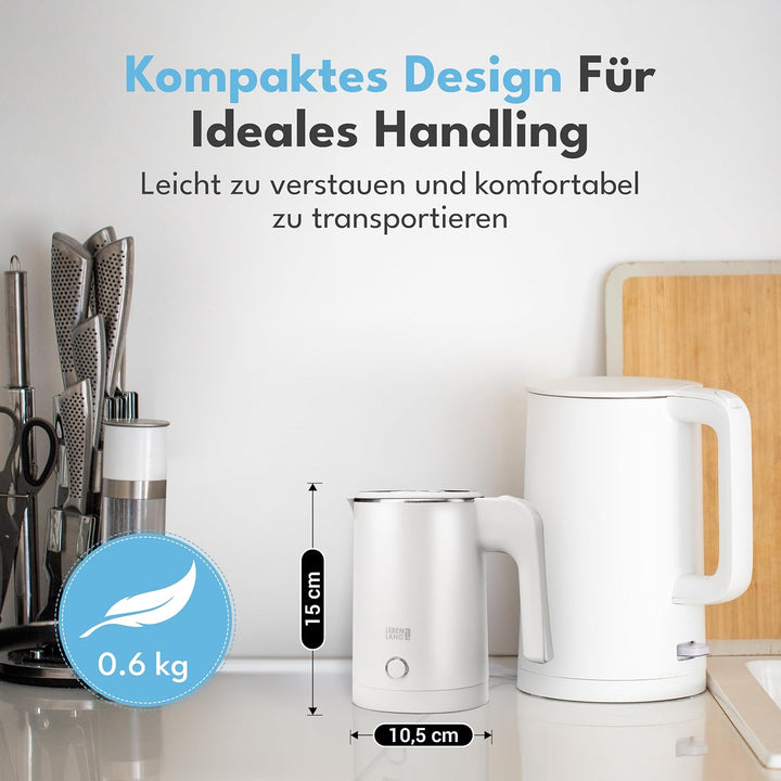 LEBENLANG Edelstahl Reisewasserkocher Klein - 500ml & BPA-Frei I 600W Mini Wasserkocher Klein Weiss
