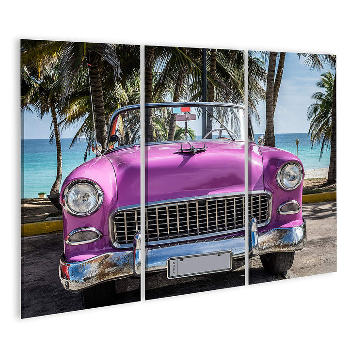 islandburner Bild auf Leinwand Kuba Rosa Amerikanisches Klassisches Auto Geparkt Unter Palmen In Der