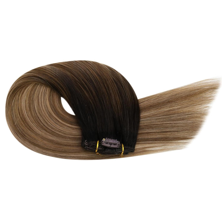 Clip in Extensions Echthaar Balayage Haar, Ugeat Dunkelstes Braun to Mittel Braun Clip Hair Extensio