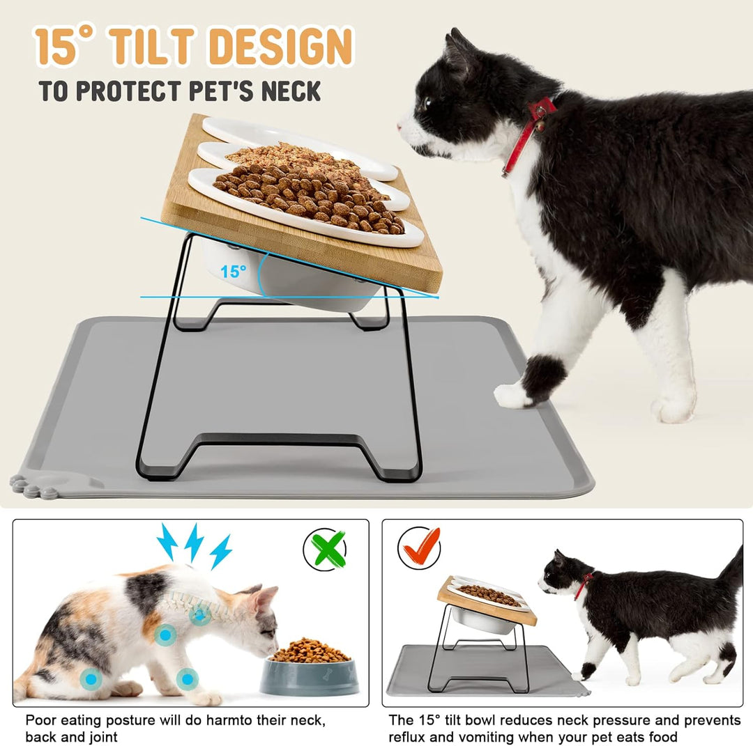 Lannvan Katzennapf Erhöht, 3er Set Futternapf Katze aus Keramik mit Napfunterlage Silikon, Ergonomis