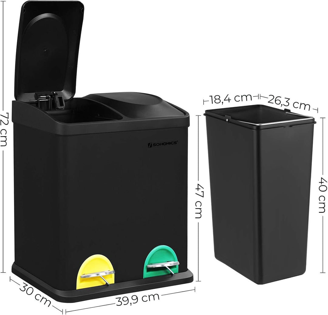 Songmics Mülleimer 30 Liter, Mülltrennung, 2 x 15 Liter, Abfalleimer, Treteimer mit Inneneimern, far