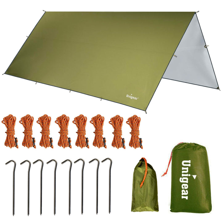 Unigear Tarp 3x3 3x4 3x5 4x4 wasserdicht, Zeltplane für Hängematte mit Ösen + 6/8 Erdnägel + 6/8 Sei