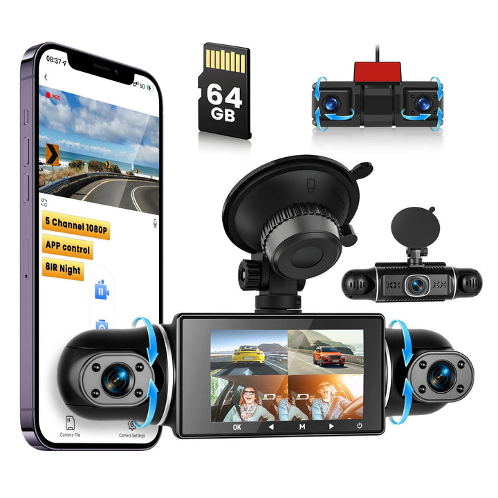 Hikity 5-Kanal-Dashcam, 360° Dashcam 1080P*4 Vorne und Hinten Innen Links Rechts, Autokamera mit 64G