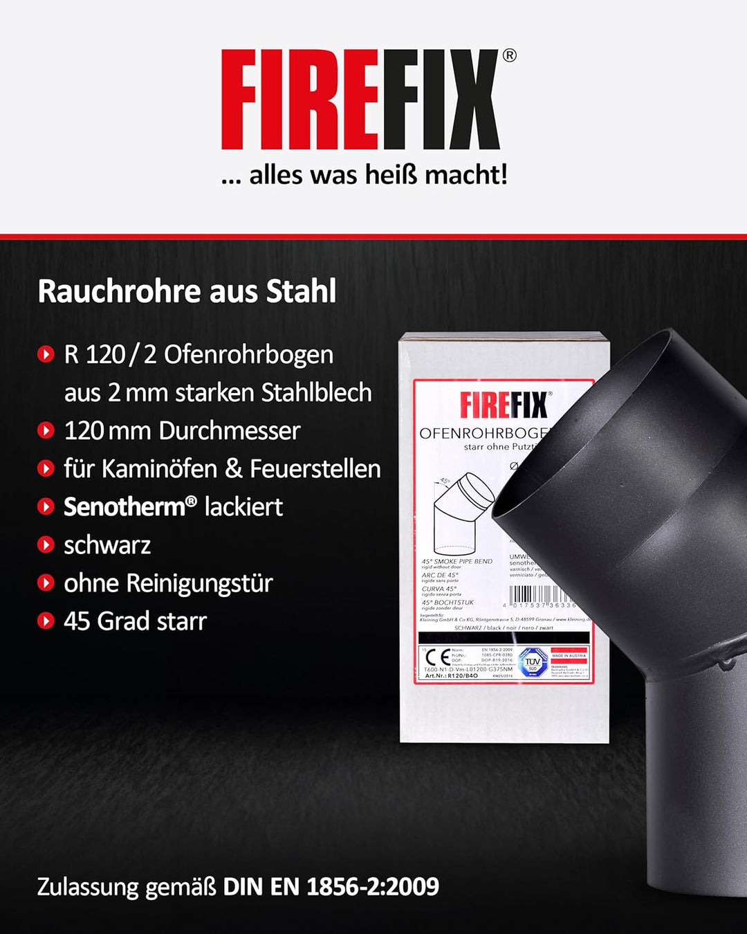 FIREFIX R120/B4O Ofenrohrbogen aus 2 mm starken Stahl (Rauchrohr) in 120 mm Durchmesser, für Kaminöf
