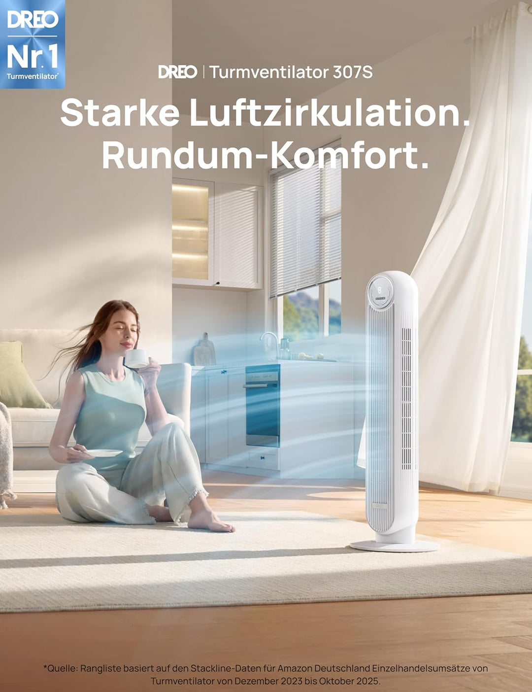 Dreo Smart 20dB Leiser Turmventilator, 10 m Wurfweite 4 Geschwindigstufen 4 Modi 8 Std. Timer 90° os
