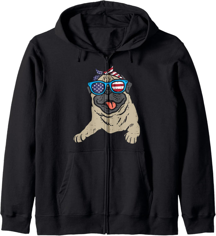 Bandana Pug Sunglasses American USA 4th Of July Fourth Dog Kapuzenjacke