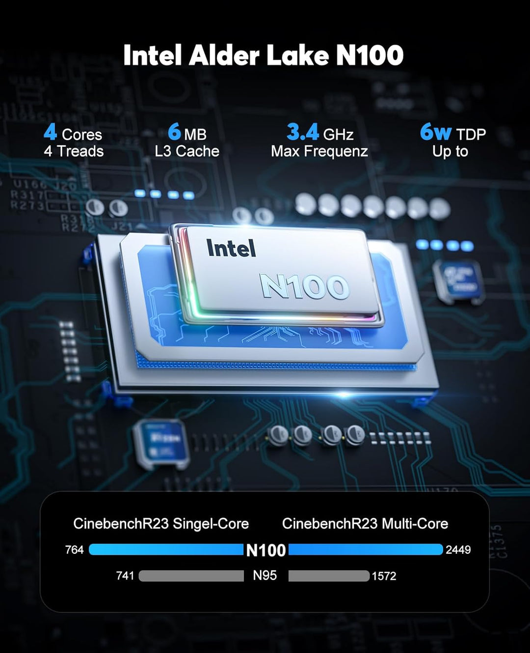 ACEMAGICIAN T8Plus Mini PC,12th Gen Ιntel Alder Lake N100 Mini PC (bis zu 3,40 GHz),12GB LPDDR5 256G