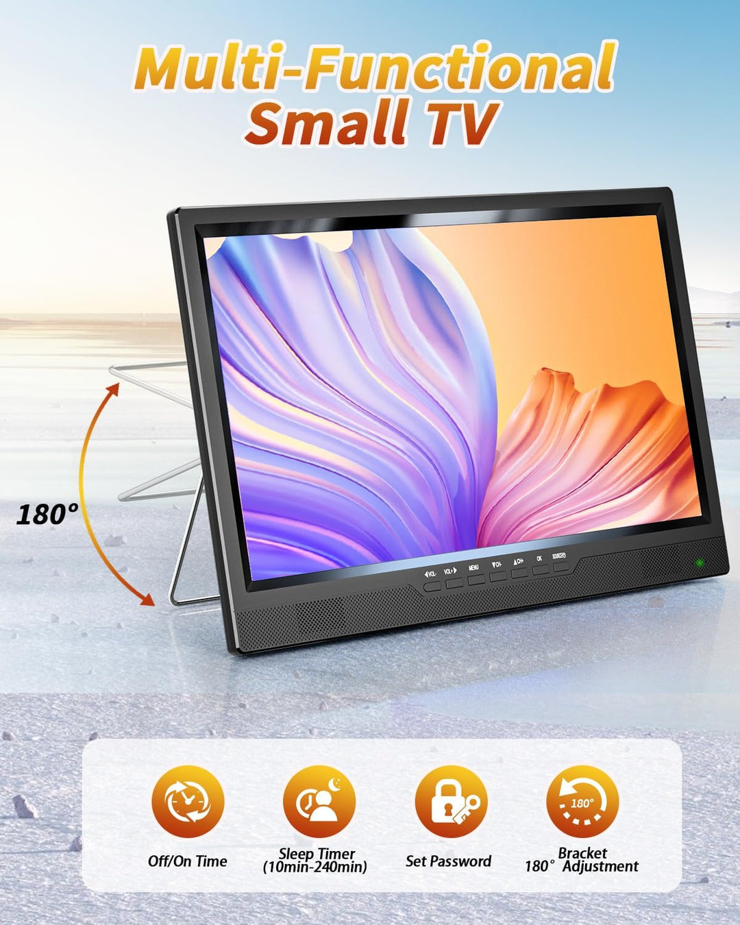 DESOBRY 19-Zoll Fernseher, 1080P Kleiner Fernseher DVB-T2-Tuner mit Antenne, Wiederaufladbarer TV HD