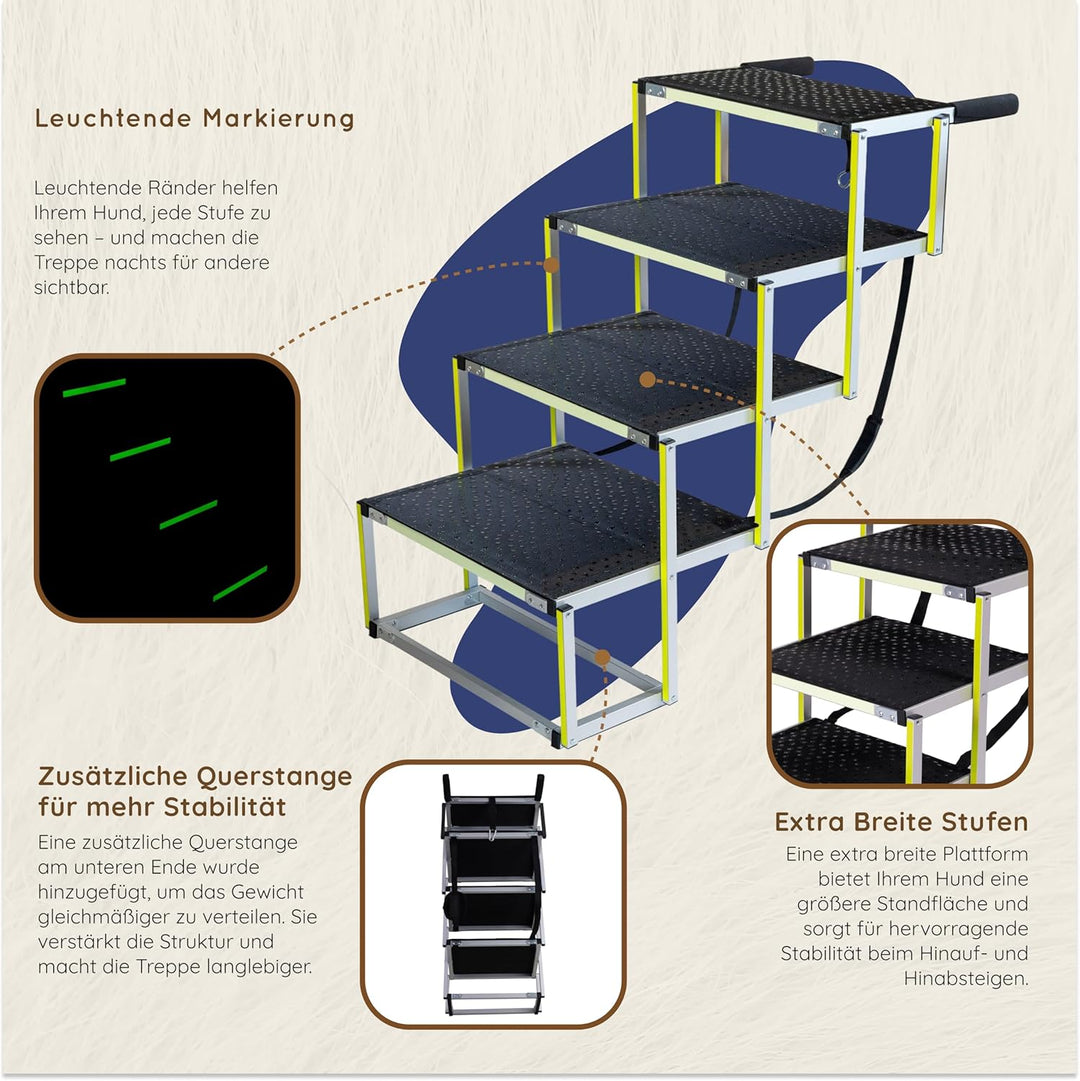 Hundetreppe Auto Klappbar – Extra breite Hundetreppe für Grosse Hunde – Für hohe Autos – Leuchtend i