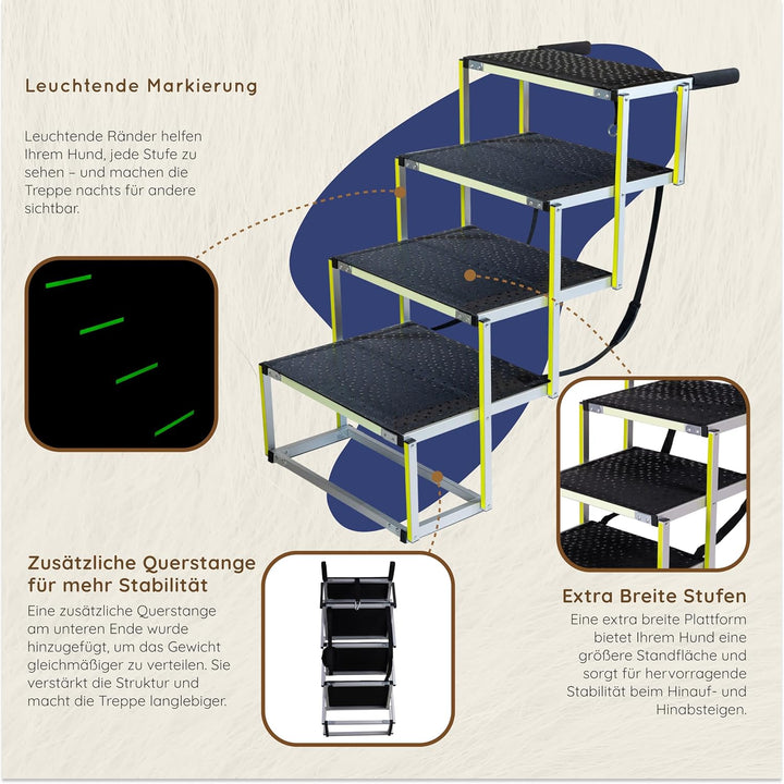Hundetreppe Auto Klappbar – Extra breite Hundetreppe für Grosse Hunde – Für hohe Autos – Leuchtend i