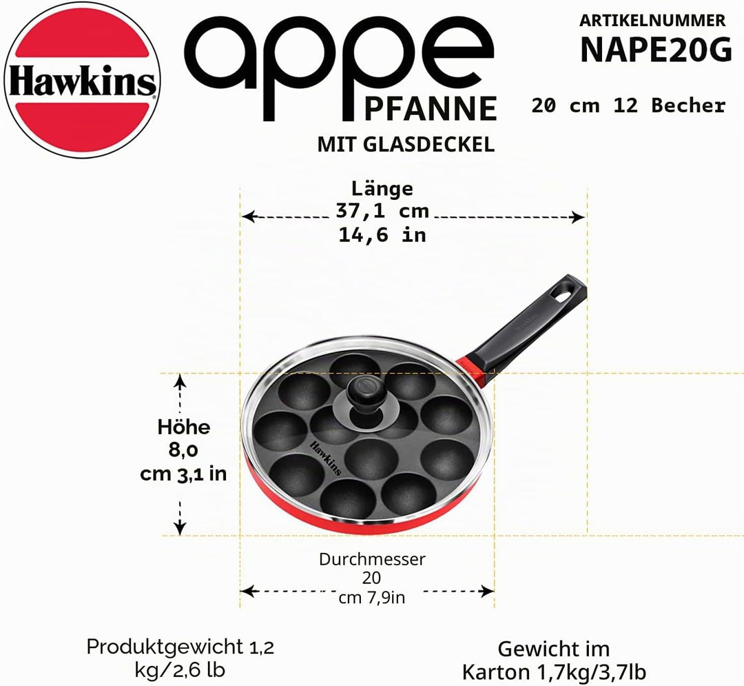 HAWKINS Antihaft-Appe-Pfanne mit Glasdeckel, 12 Tassen, Durchmesser 22 cm, Schwarz (NAPE22G), Standa