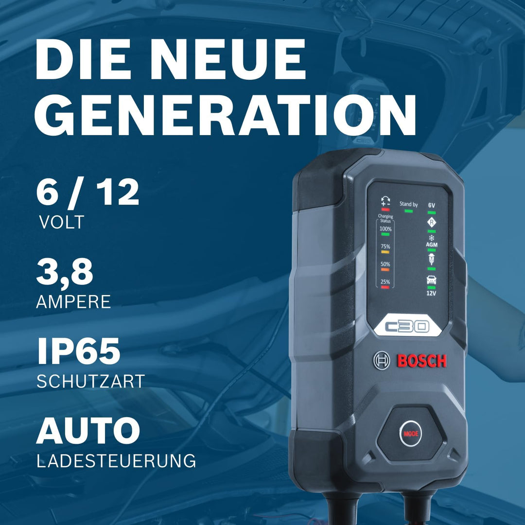 Bosch C30 Kfz-Batterieladegerät, 3,8 Ampere, mit Erhaltungsfunktion - für 6 V / 12 V Blei-Säure, Wet