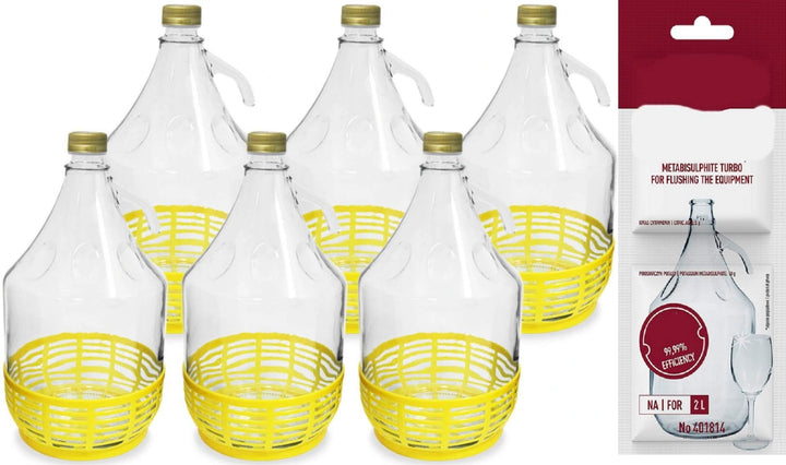 lilawelt24 6 STÜCK 5L Flasche mit Schraubverschluss und Schutzkorb+ Schwefelpulver GLASBALLON Weinba