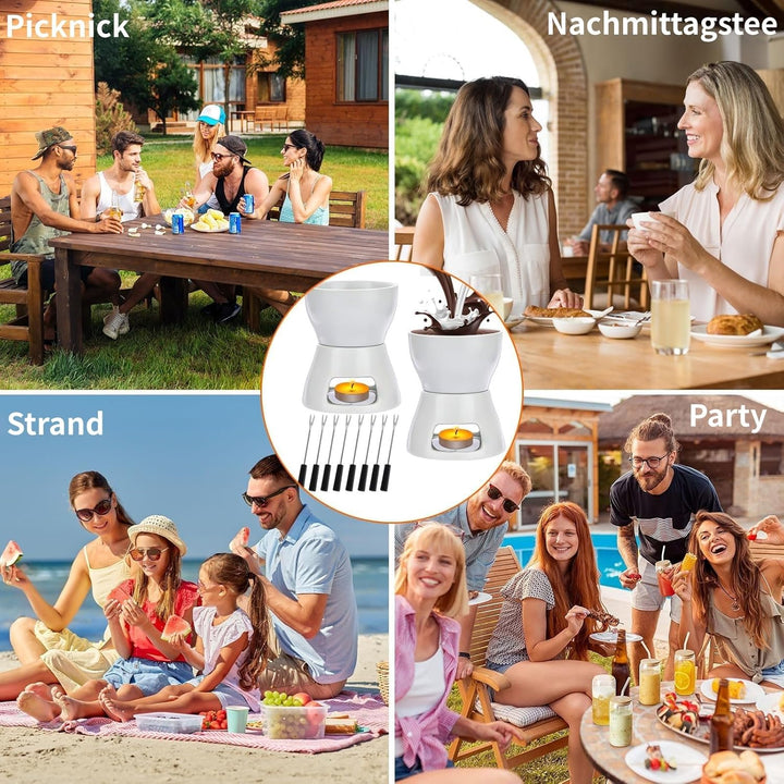 2 Stück Keramik Schokoladen Fondue Set – 400 ml – Fondue Topf mit 8 Edelstahlgabeln – Käse- & Butter