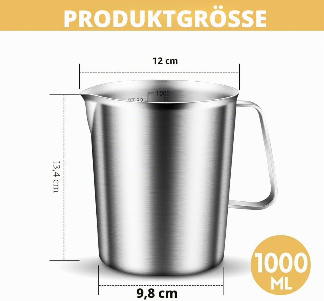 Messbecher Edelstahl 1L, Milchkännchen mit Markierung mit Griff, Messkanne Milk Pitcher, Milchaufsch