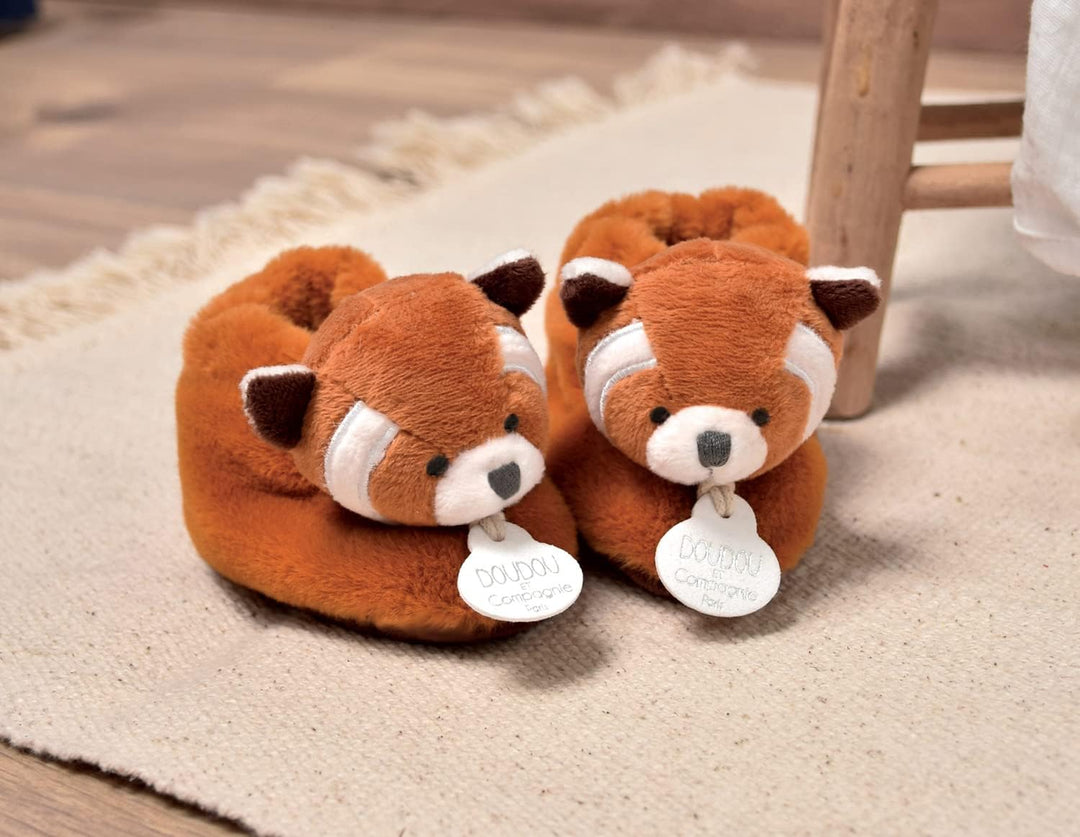 Doudou et Compagnie – Hausschuhe Panda rot – Unicef – offene Box – integrierte Rassel – Geschenkidee