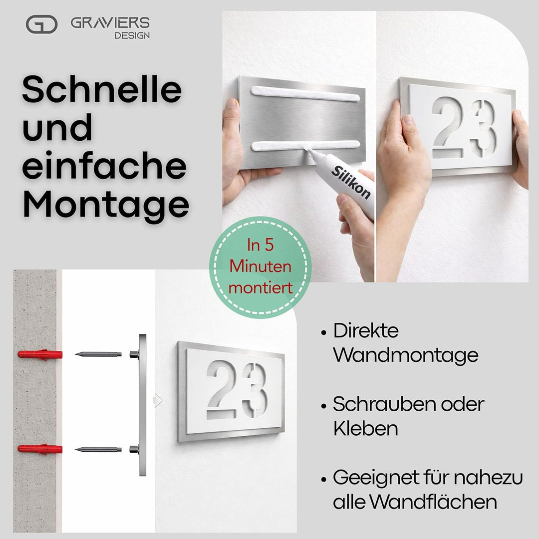 Graviers Design Hausnummer aus V2A Edelstahl 250x175mm - Weiss - Wetterfest Rostfrei Individuell anp