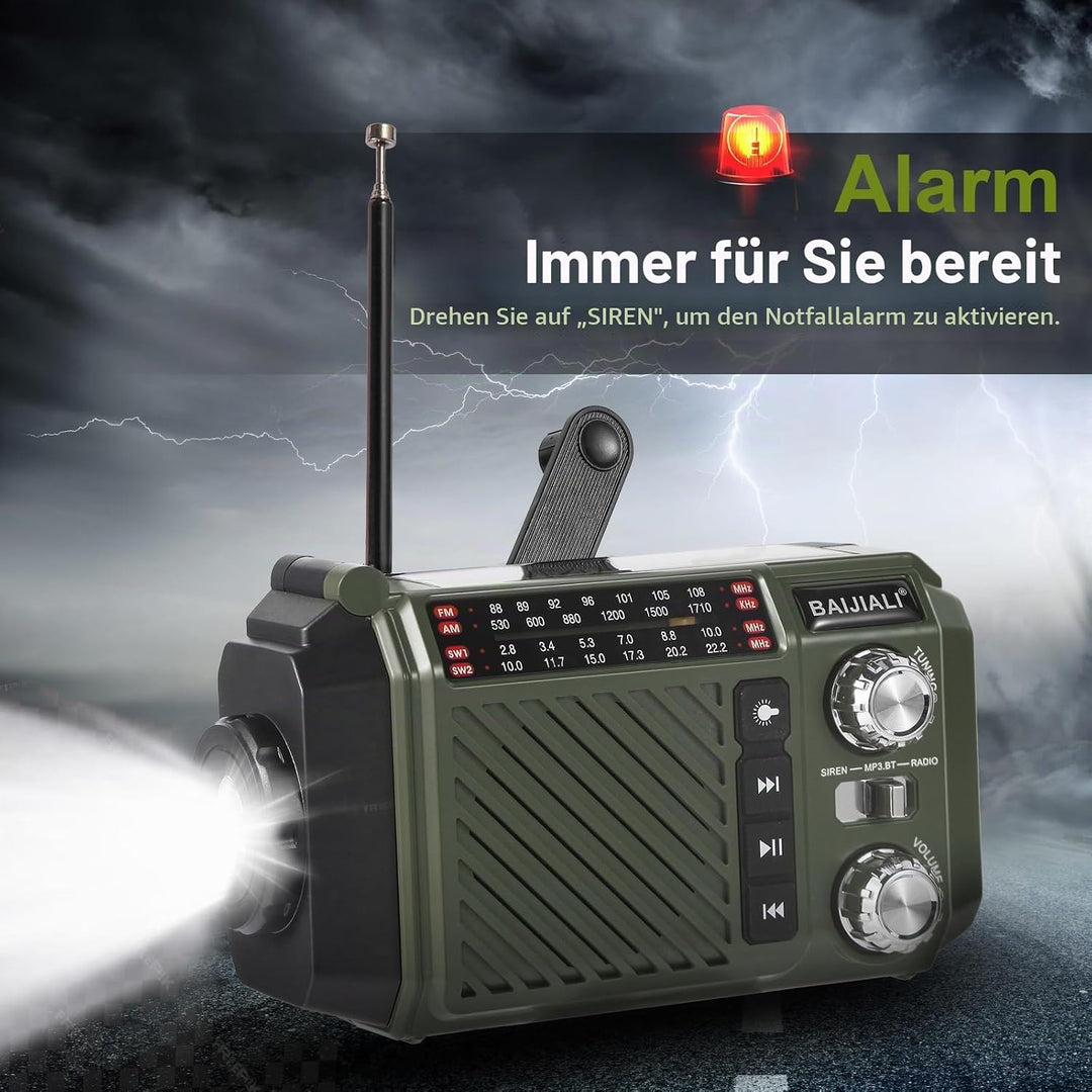 Kurbelradio Notfallradio mit 2600mAh Powerbank, Solar &amp; USB-C Ladung, AM/FM/SW Weltempfänger, LED-Ta