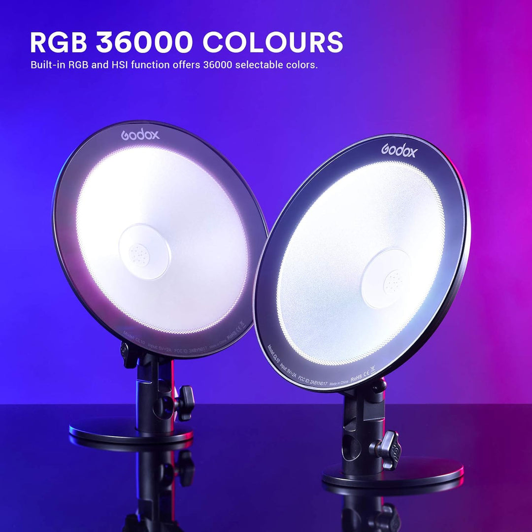 Godox CL10 RGB LED Webcasting Umgebungslicht 10W, Farbton 0-360° und 36000 Farben, 39 Fx-Effekte No