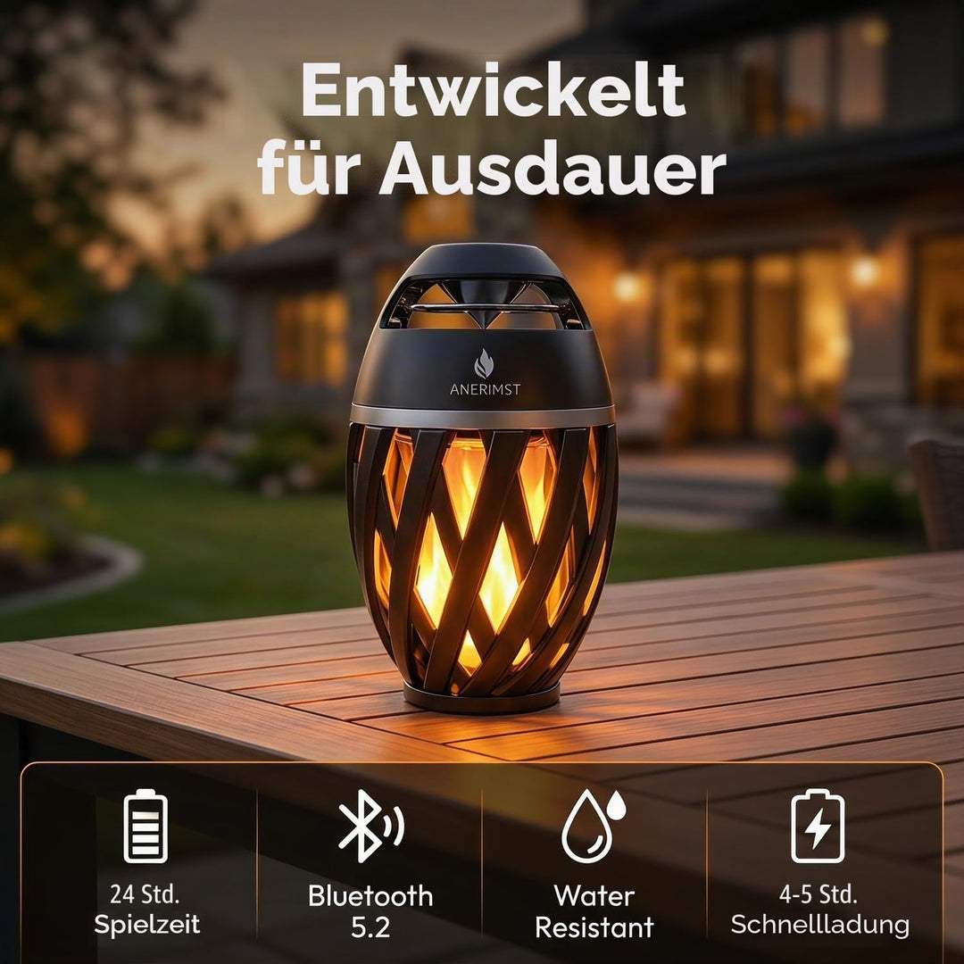 ANERIMST Taschenlampe Bluetooth Lautsprecher mit Stangen/Haken, flackernder Flammeneffekt, Outdoor/I