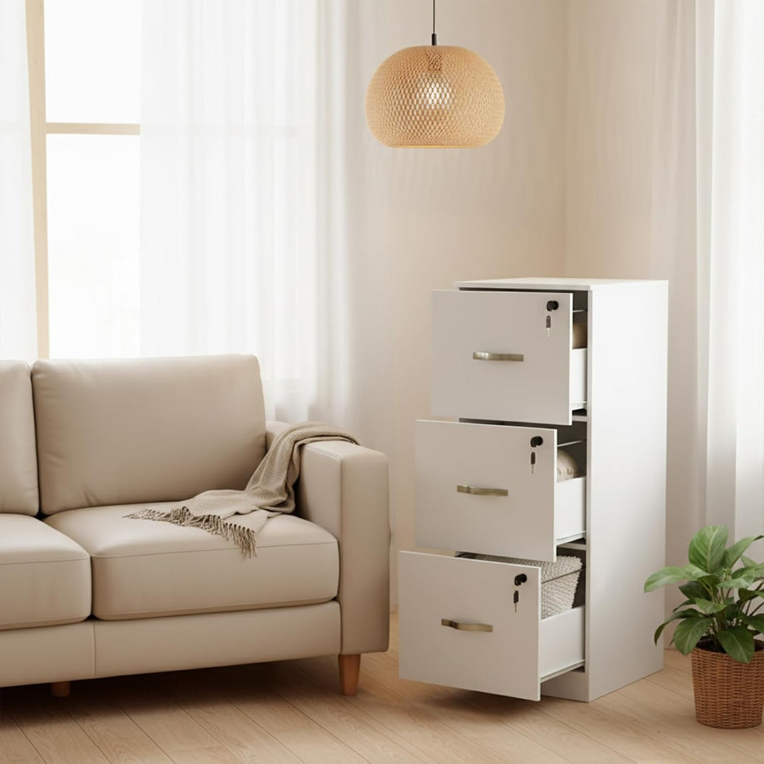 Aktenschrank Abschliessbar, Büroschrank mit 3 Schubladen, Holz Schubladenschrank Druckerschrank, Hän