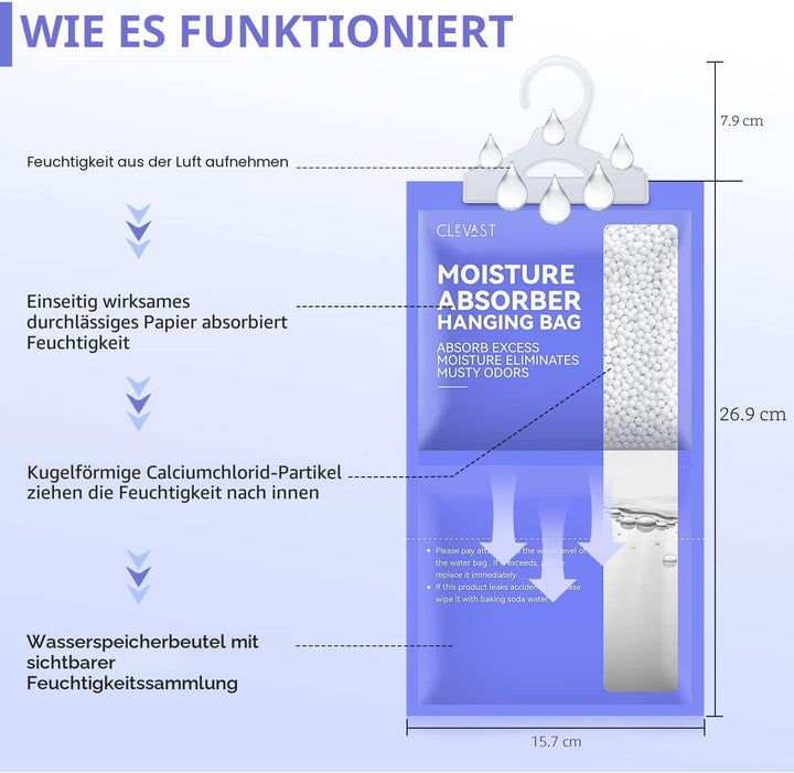 CLEVAST Luftentfeuchter Hängetaschen 10 Packungen, Feuchtigkeitsentferner Absorber, Luftentfeuchter