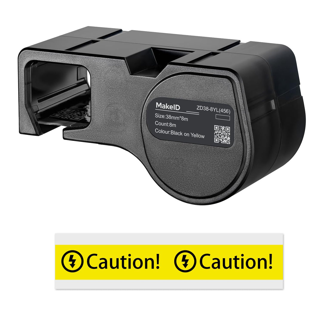 MakeID PET-Etiketten für Industrie-Etikettendrucker D50 – Schwarz auf Gelb, 38 mm x 8 m, Innen-/Auss
