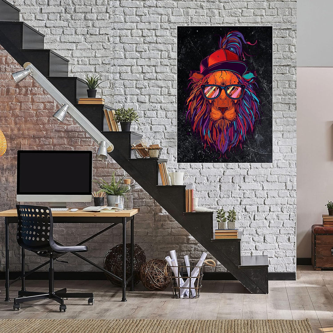 wandmotiv24 Poster als Wanddeko, Grösse 100x70cm, Funky Löwe, Marmor, bunt, Cap, Mütze, Brille, Nerd