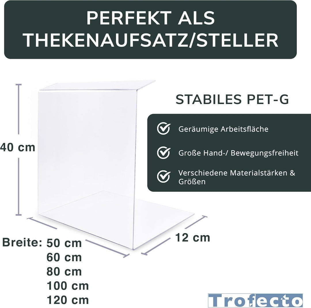 Spuckschutz Trennwand aus PETG Acrylglas als Thekenaufsatz - Acrylglas Aufstelller - Typ 2 (50x50cm,