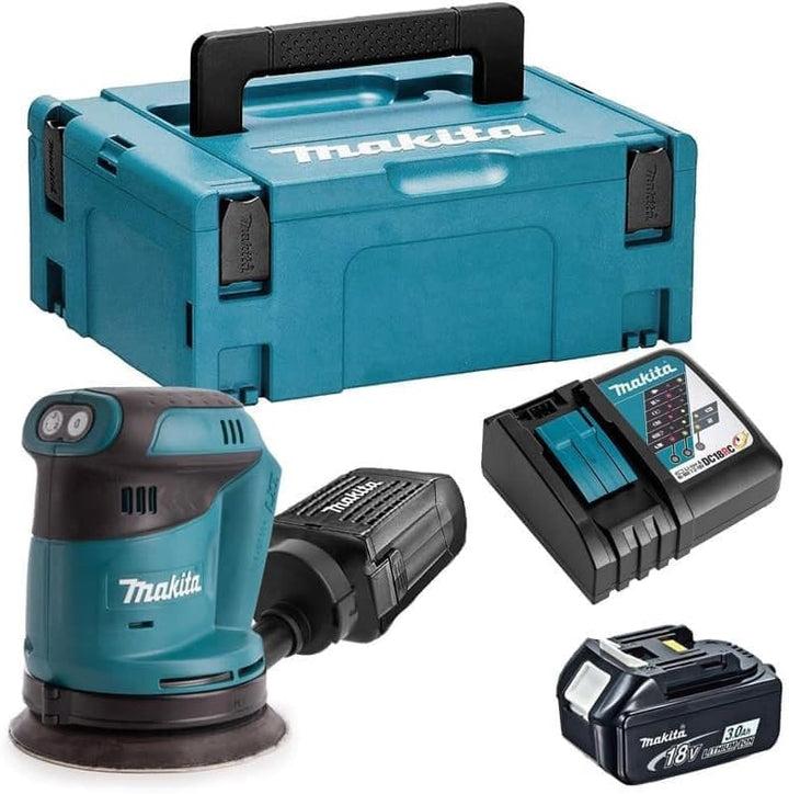 Makita DBO180Z Exzenterschleifer, 18 V, Li-Ion, 1 x 3 Ah Akku und Ladegerät