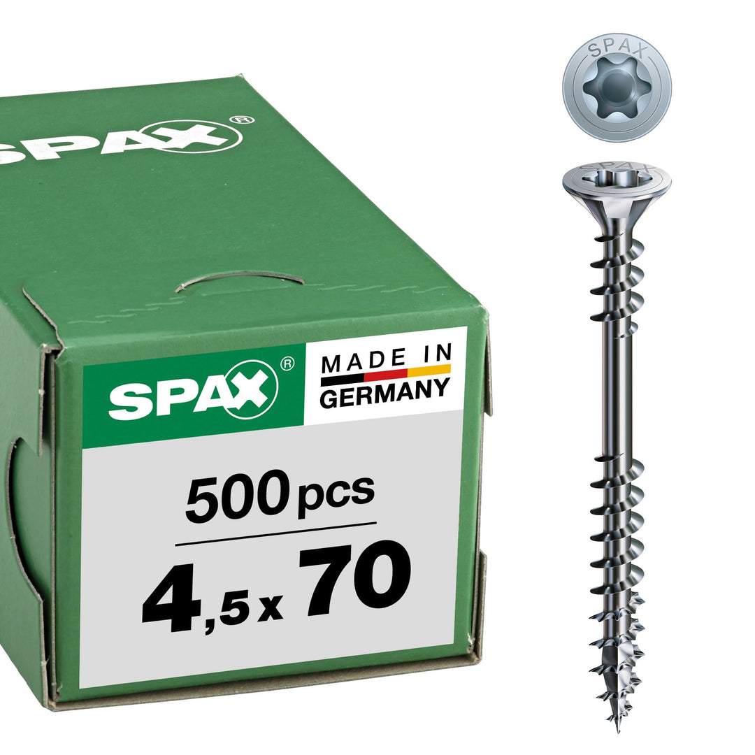 SPAX Verlegeschraube, 4,5 x 70 mm, 500 Stück, T-STAR plus, Senkkopf, Fixiergewinde, 4CUT, WIROX A3J,