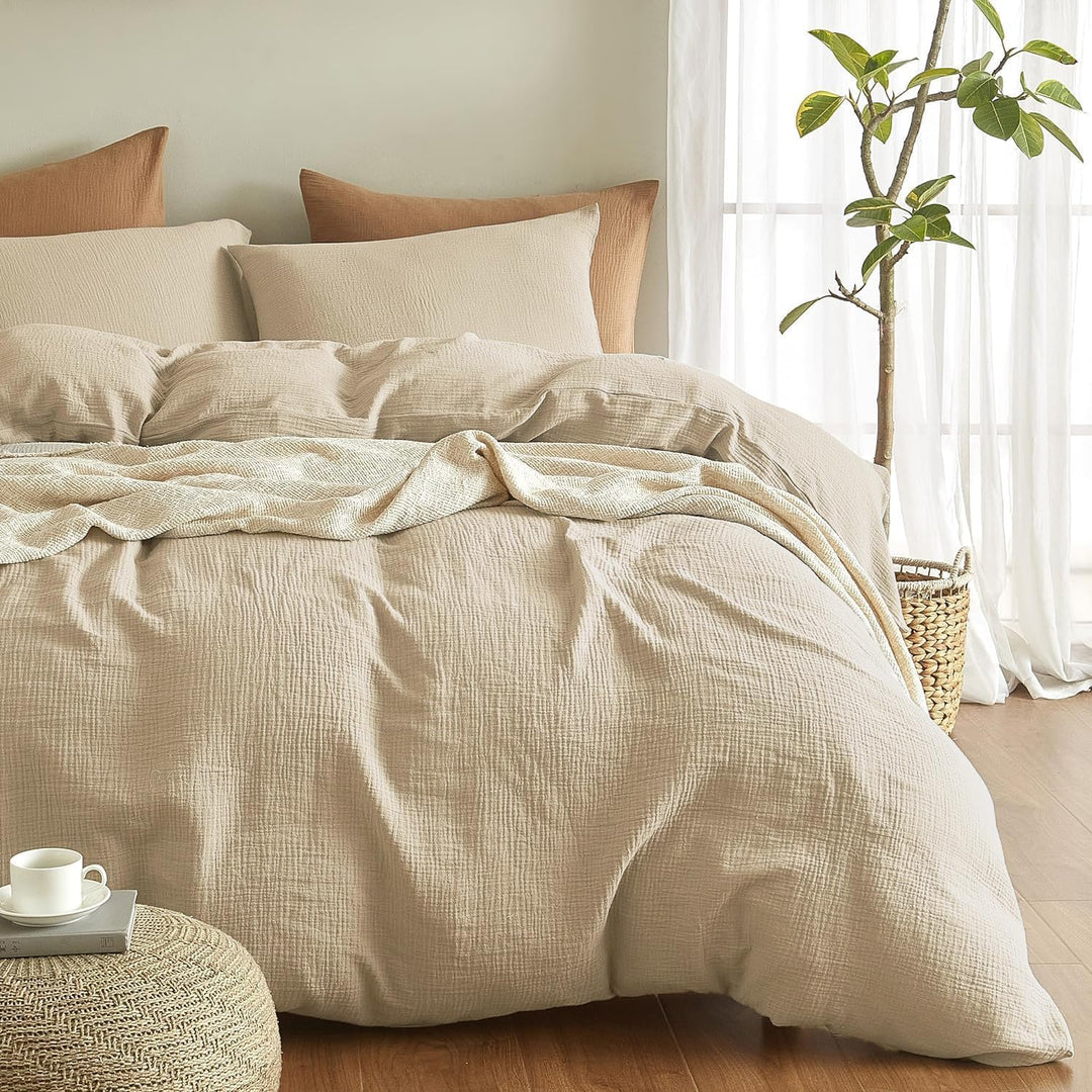 Boqingzhu Doppelte Muslin Bettwäsche Beige 135x200cm Baumwolle Weich Kuschelig Sommer Baumwollbettwä